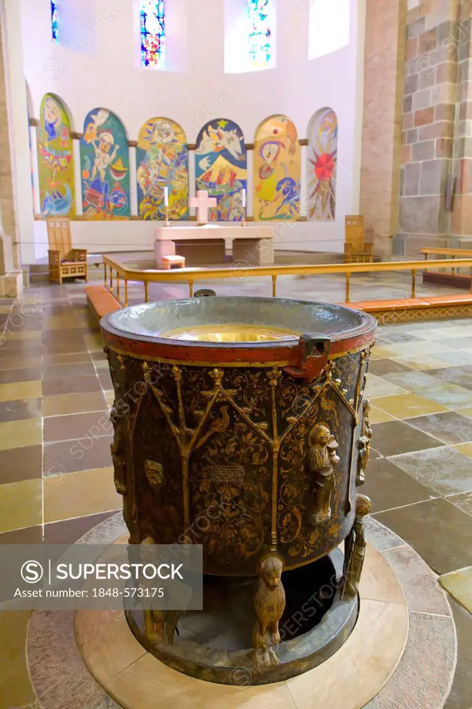 The baptismal font in Ribe Domkirke, Ribe Cathedral, Ribe, Jutland, Denmark, Europe