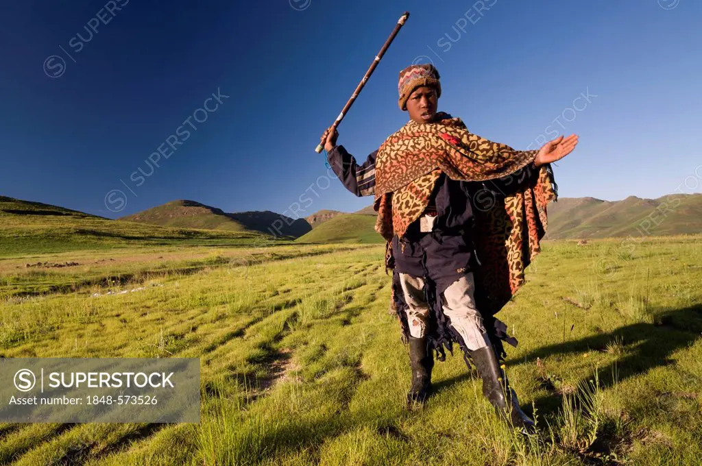 Young Basotho man wearing a traditional costume, shepherd, Drakensberg, Kingdom of Lesotho, southern Africa