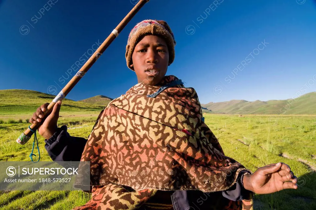 Young Basotho man wearing a traditional costume, shepherd, portrait, Drakensberg, Kingdom of Lesotho, southern Africa