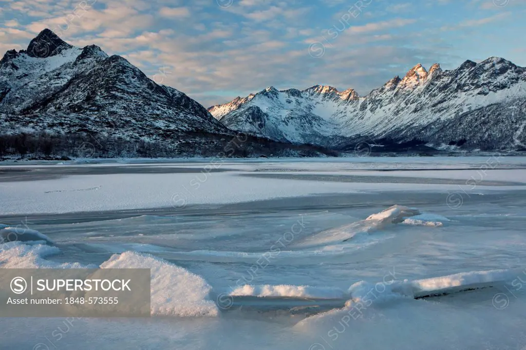 Tidal fjord with ice and snow near Hopen, Lofoten Islands, Norway, Europe, PublicGround