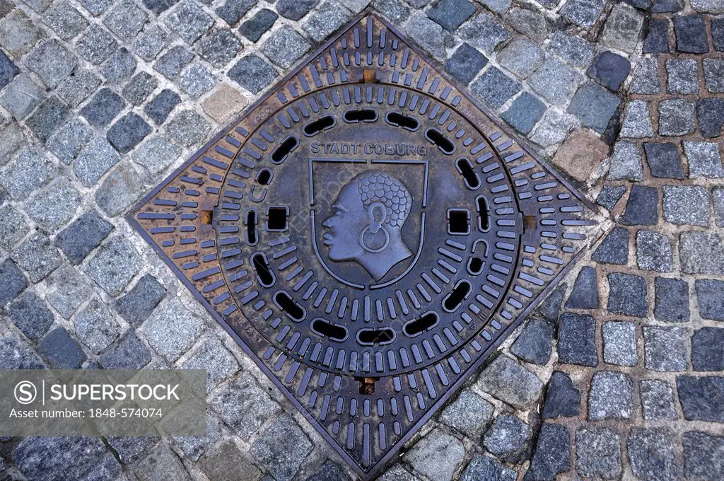 St. Mauritius, Coburg Moor, patron saint of Coburg on a manhole cover, Coburg, Upper Franconia, Germany, Europe