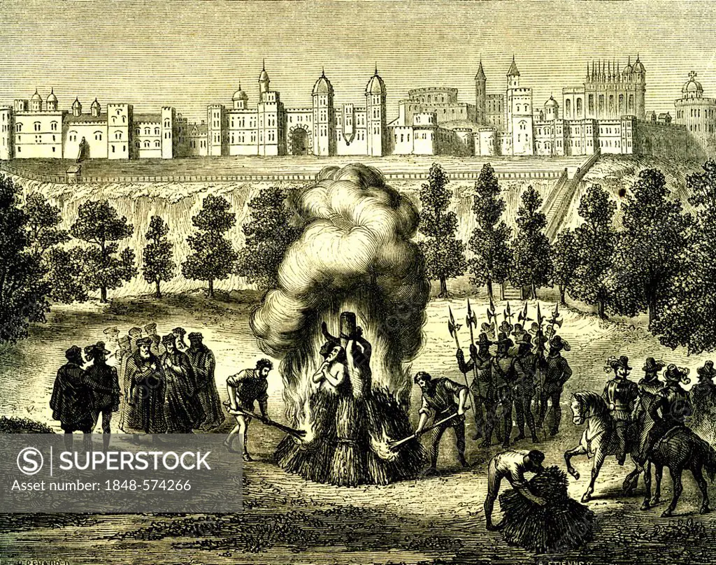 Religious persecutions, Pearson, Testwood and Filmer burnt in front of Windsor Castle, England, historical engraving by John Fox, Acts and Monuments, ...