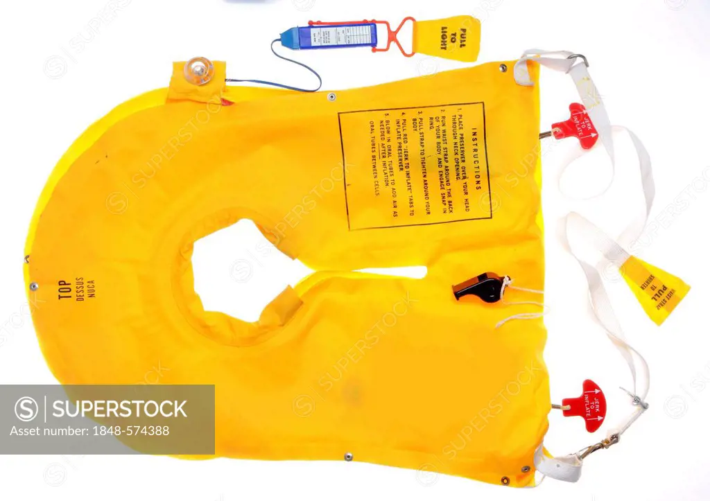 Life jacket from a plane, with air valves, two compressed air cartridges, a whistle and a signal light