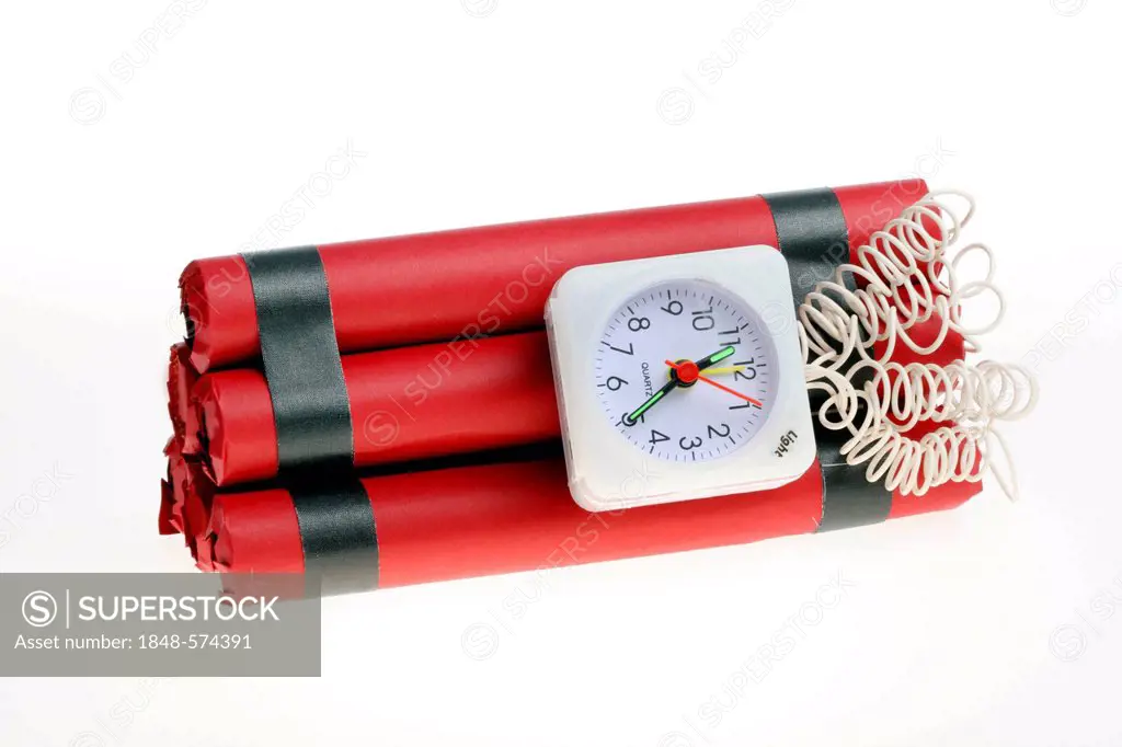 Time bomb which can be triggered by an alarm clock, symbolic image