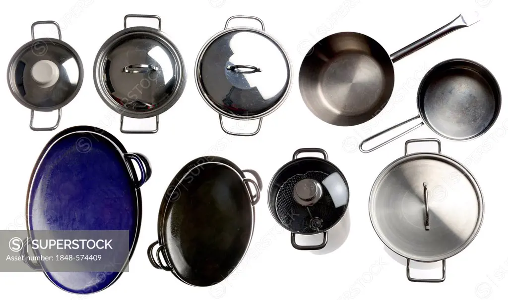 Various pots and pans, sauté pans and roasters