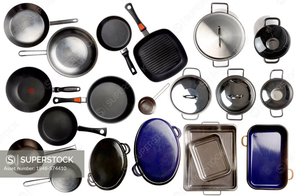 Various pots and pans, sauté pans, roasting pans and casserole dishes