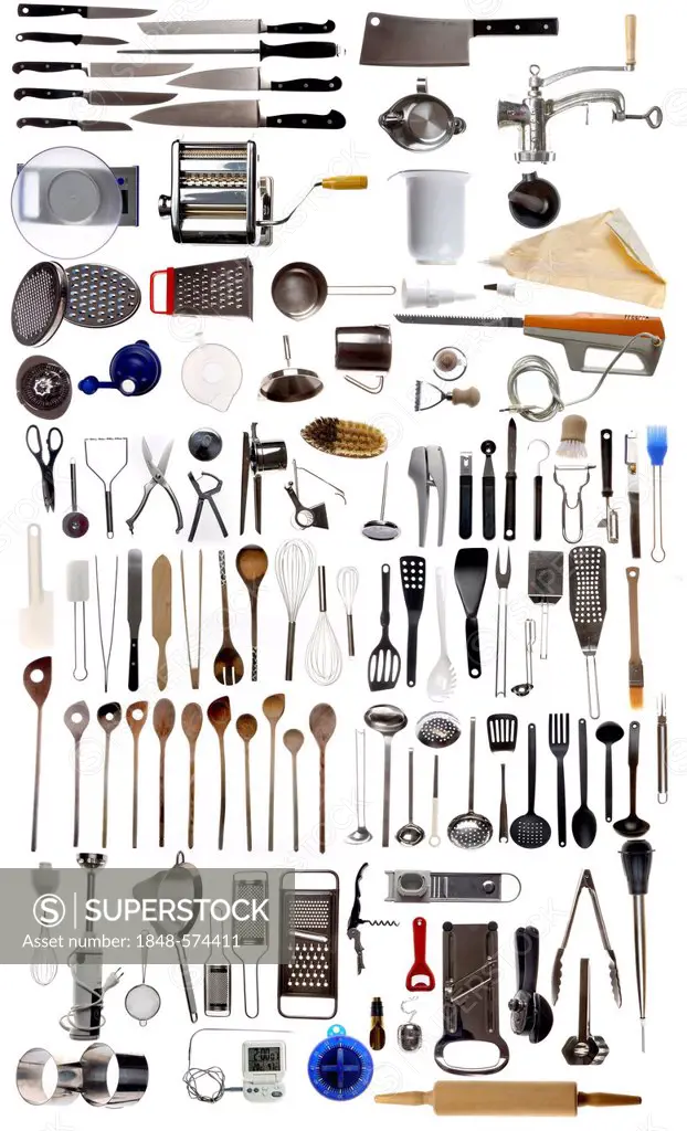 Various kitchen appliances, cooking tools and utensils