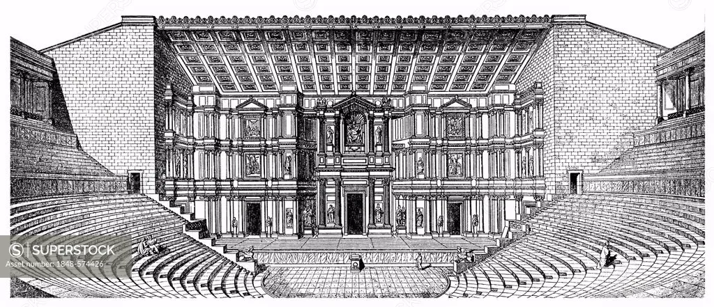 Historical drawing from the 19th Century, interior view of an ancient Greek theater