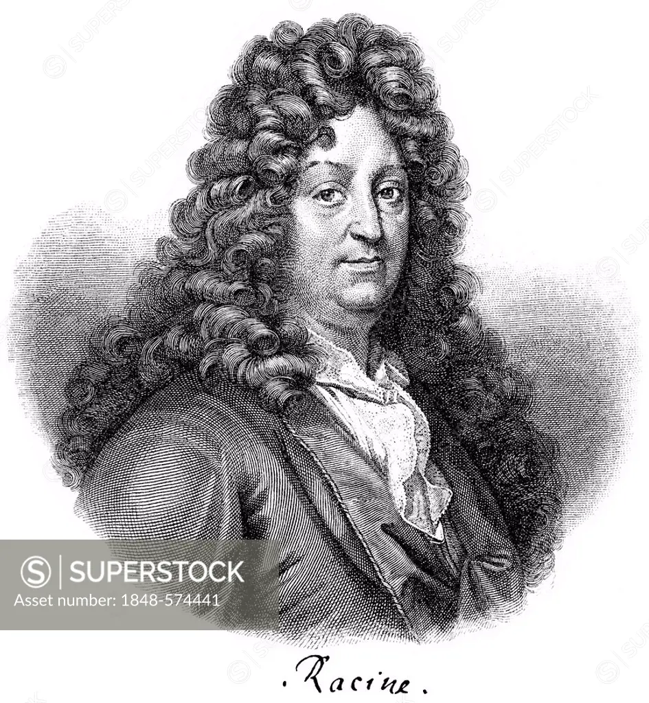 Historical print from the 19th Century, portrait of Jean Baptiste Racine, 1639 - 1699, a French classical author