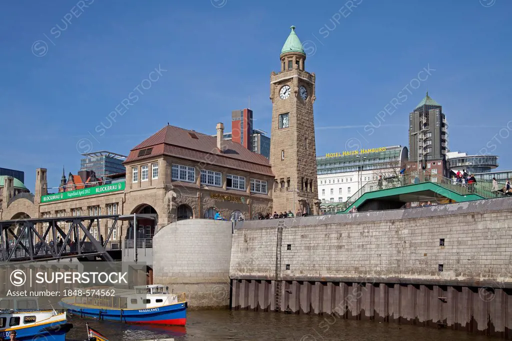 Boats and the clock tower, Landungsbruecken piers, Hamburg, Germany, Europe, PublicGround