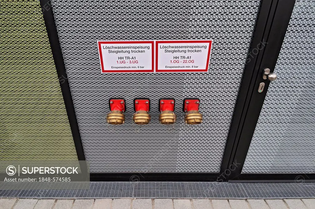 Fire water taps, new ADAC headquarters, German automobile club, Hansastrasse street 23-25, Munich, Bavaria, Germany, Europe