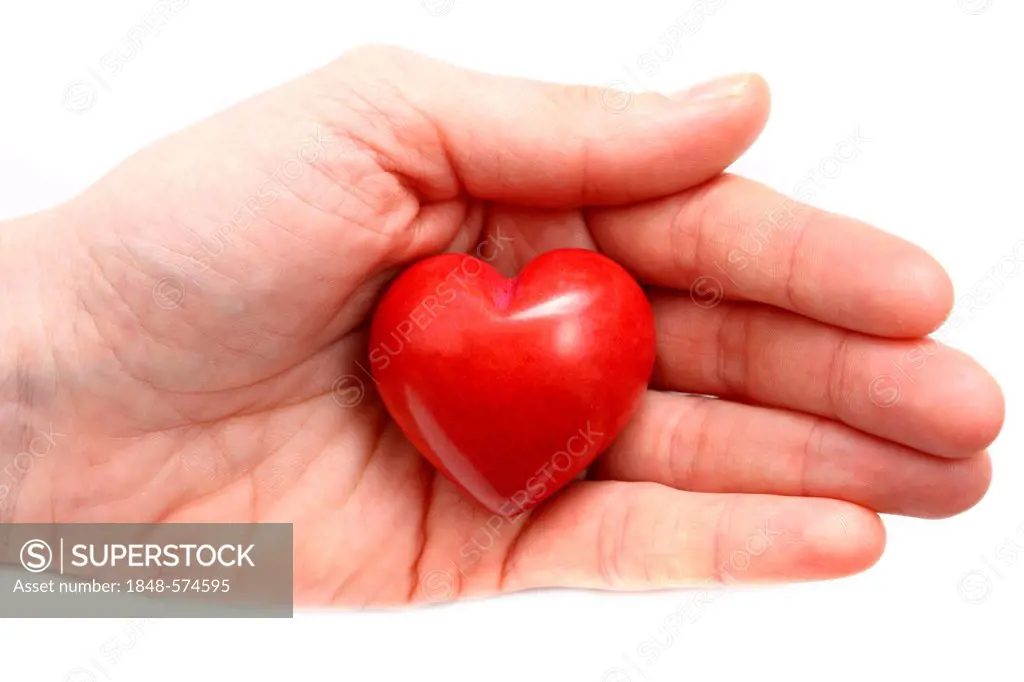 Hand holding a red heart, symbolic image for heart disease, heart attack, a diseased heart, cardiology
