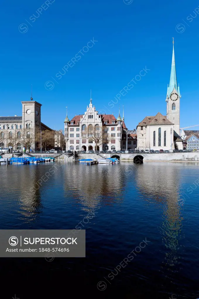 Historic district of Zurich on the Limmat River with St. Peterskirche church, Limmatquai quay, Zurich, Switzerland, Europe