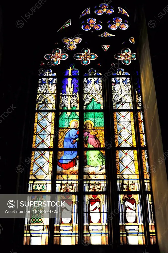 Church window with Christian themes, Holy Cross Minster, construction began in 1315, Schwaebisch Gmuend, Baden-Wuerttemberg, Germany, Europe