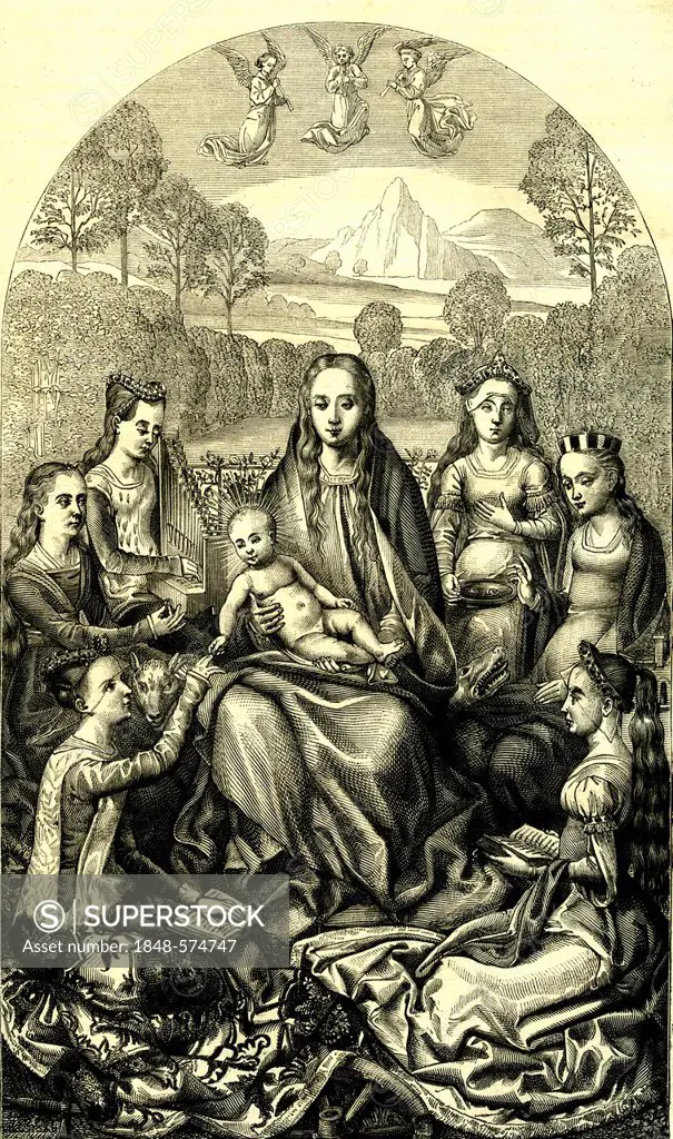 Holy Catherine's Wedding, historical engraving by Hans Memling, 1874