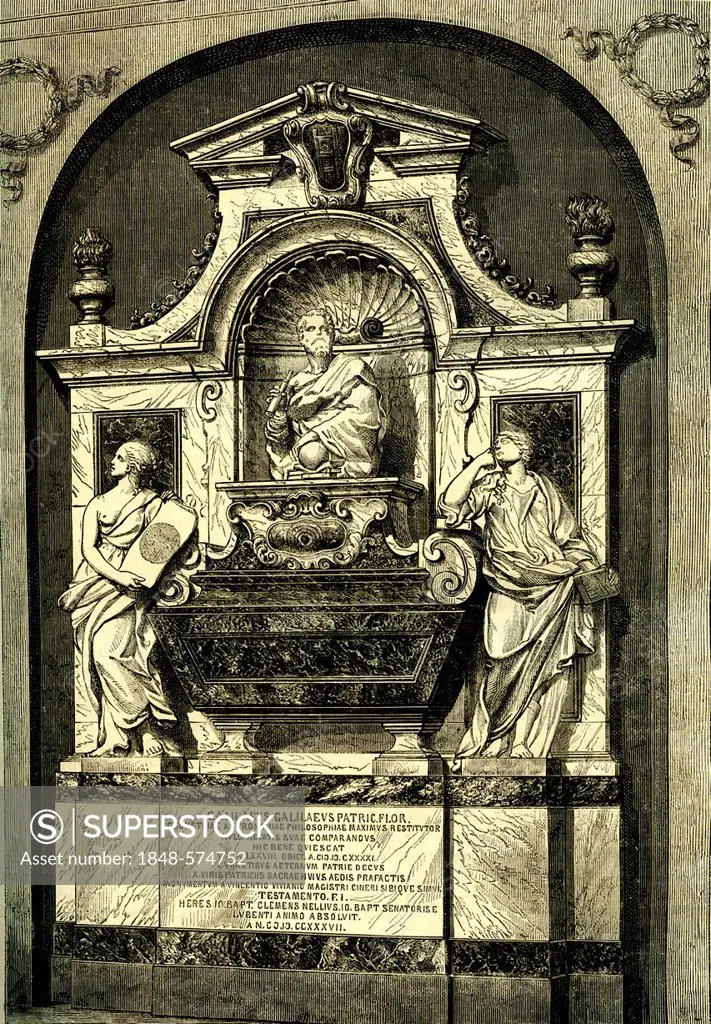 Tomb of Galileo, Santa Croce church, Florence, Italy, historical illustration, 1898