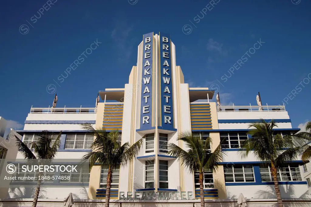 Breakwater Art Deco hotel on famous Ocean Drive in South Beach, Miami Beach, Florida, USA