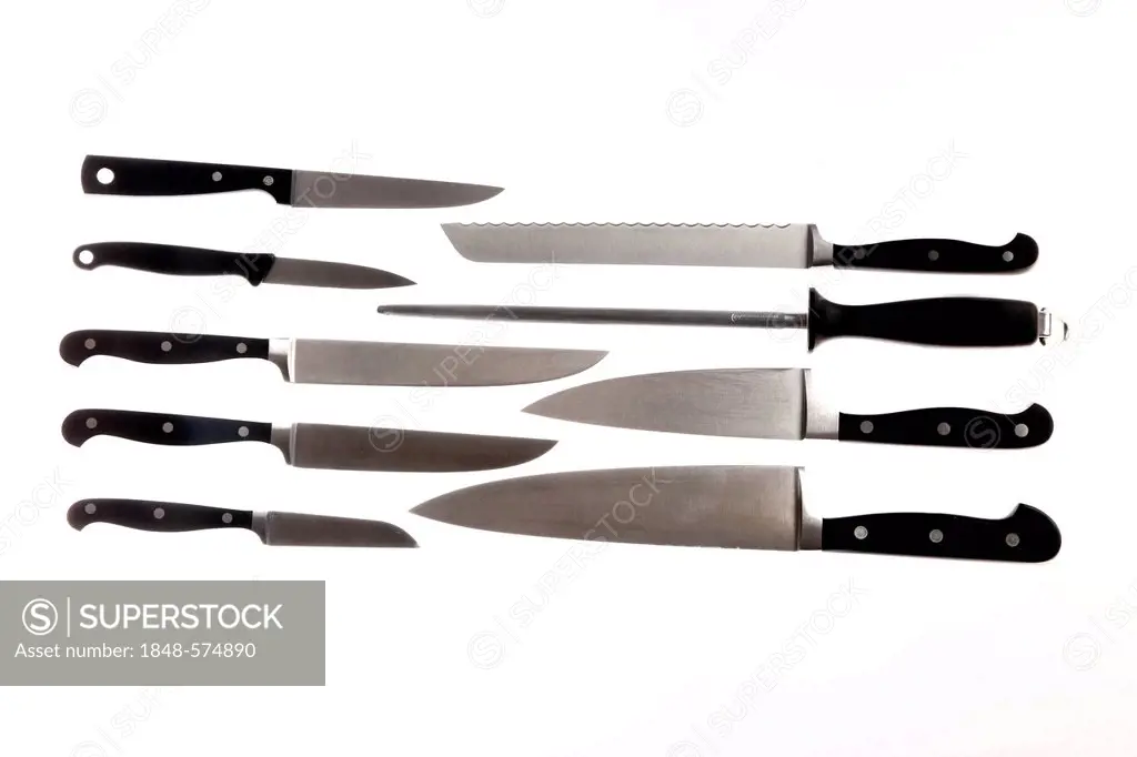 Various kitchen knives, sharpening steel, chef's knife, bread knife, filleting knife, vegetable knife