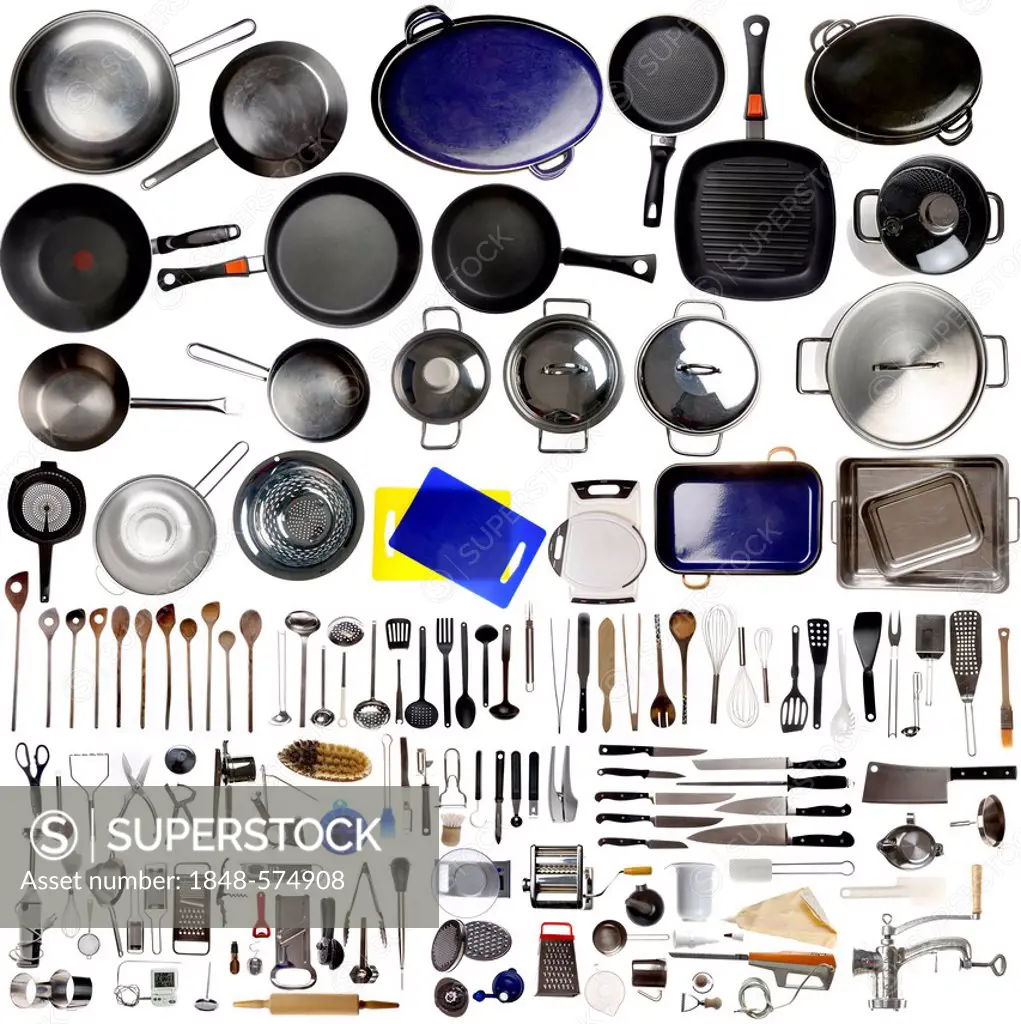 Various kitchen appliances, cooking tools and utensils