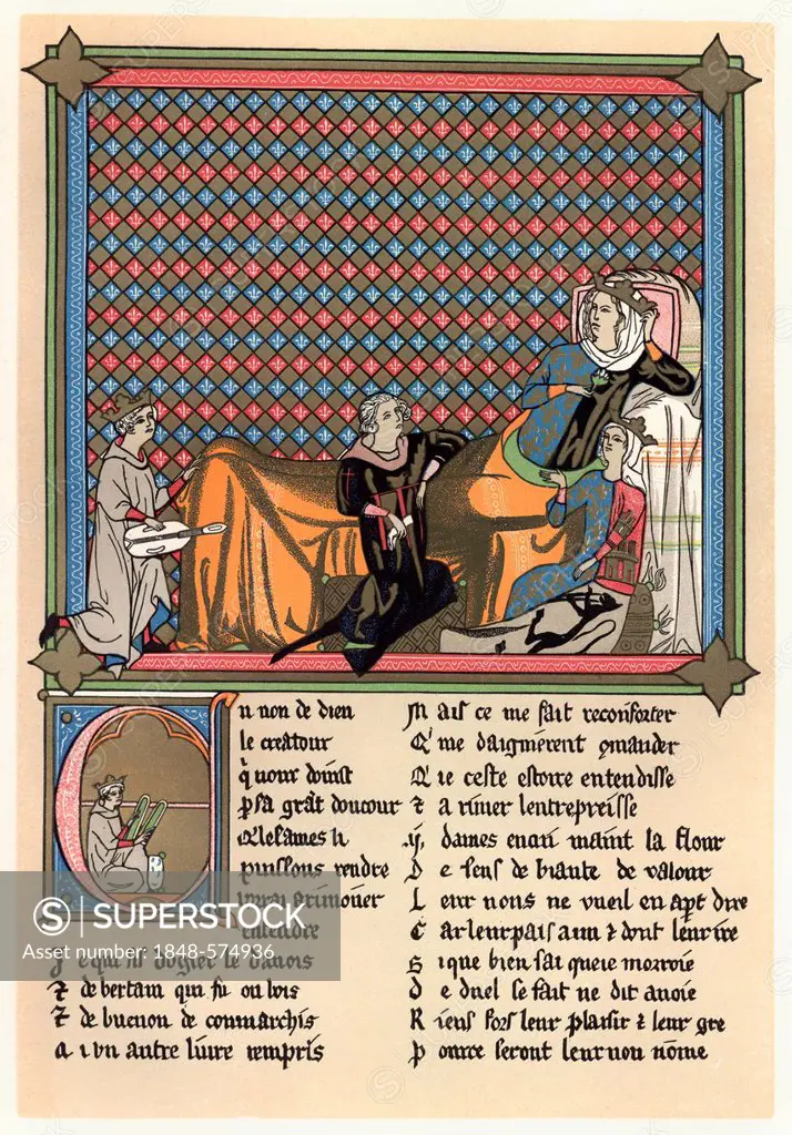 Historical print from the 19th Century, Adenez presenting his poetry to Cleomades the Queen of France, 13th Century