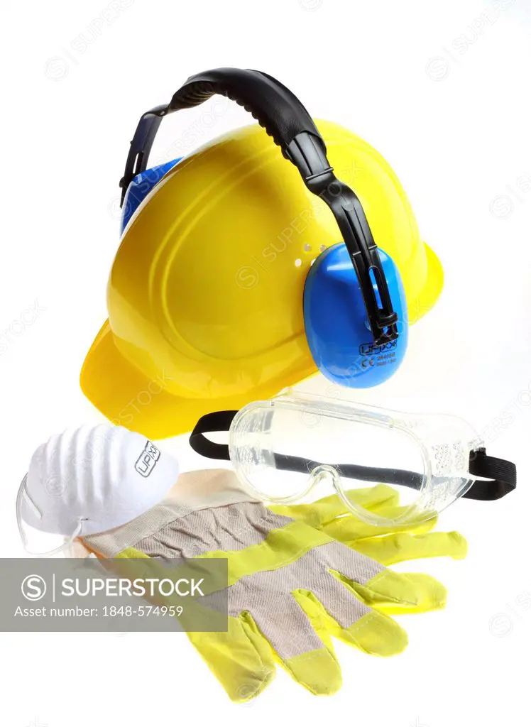Personal protective equipment, hearing protection, hard hat, dust mask, safety glasses, work gloves