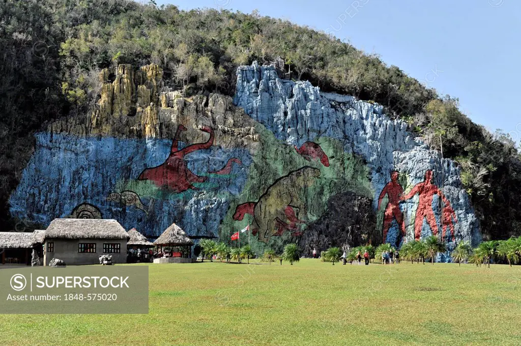 Mural de la Prehistoria, prehistoric wall, painted in 1961 by the Mexican artist Leovigildo González Morillo, size 120x180 metres, Vinales, UNESCO Wor...