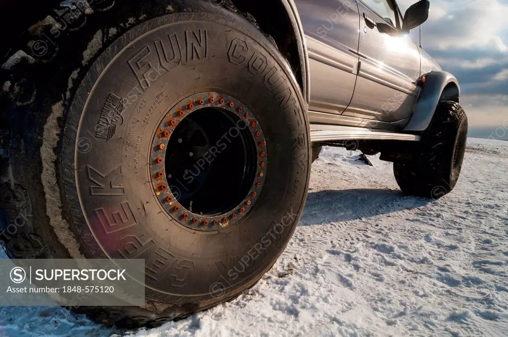 Tyres of a Super Jeep, Mýrdalsjoekull Glacier, Iceland, Europe
