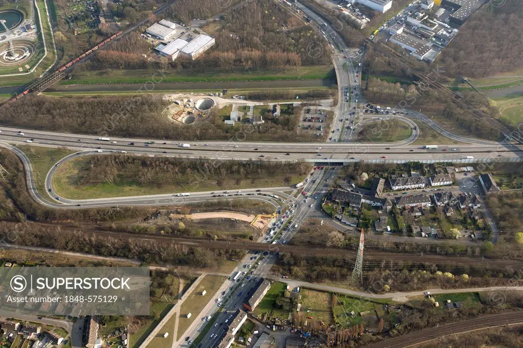 Aerial view, entrance and exit roads of the intersection of A42 Bottrop-Sued and Essener Strasse, Bottrop, Ruhr area, North Rhine-Westphalia, Germany,...