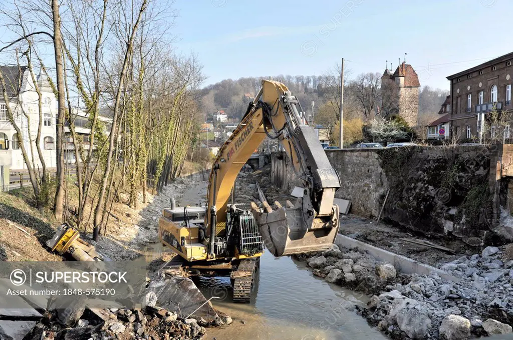 Demolition of the bridge crossing the Josefsbach stream, March 2012, due to the transformation of Josefsbach stream for the State Garden Show, Landesg...