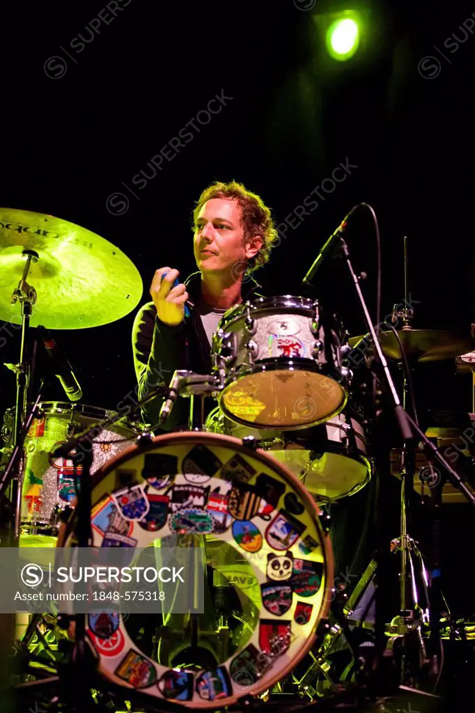 Stephen Hofer, drummer of the Bavarian-German singer-songwriter Hans Soellner, performing live in the Schueuer concert hall, Lucerne, Switzerland, Eur...