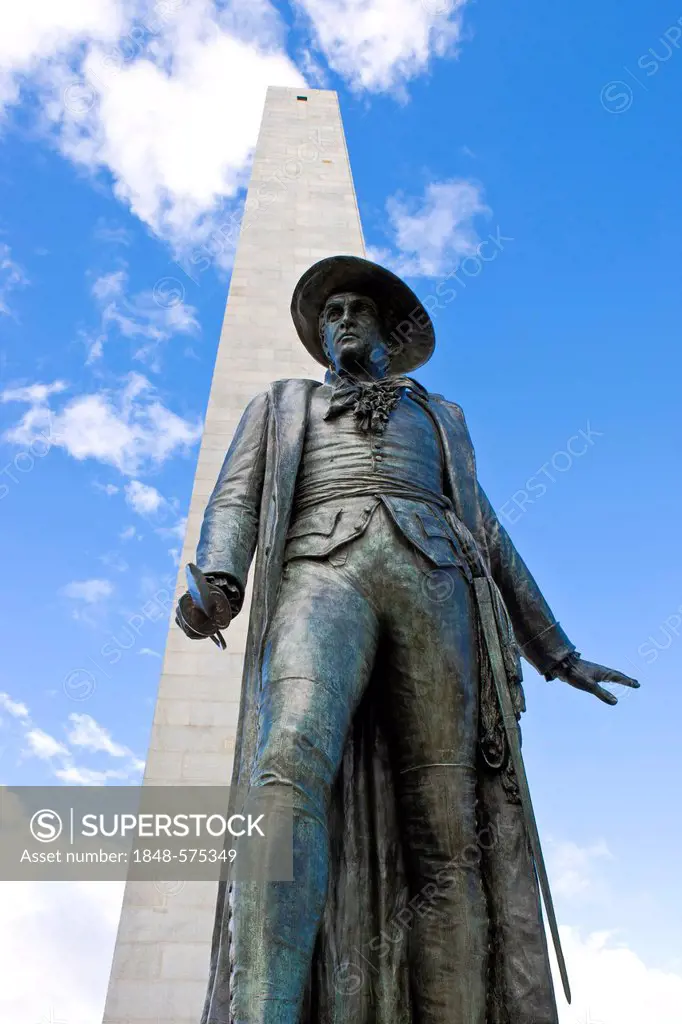 Statue of Colonel William Prescott in front of obelisk, Bunker Hill, Boston, Massachusetts, New England, USA