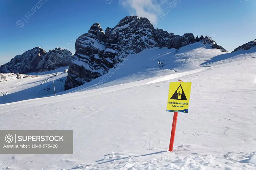 Danger sign, ice crevice on the Dachstein Glacier, Ramsau, Styria, Austria, Europe
