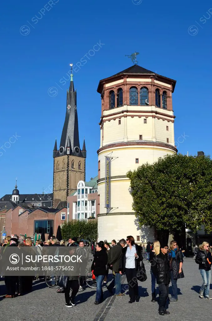 Schlossturm tower, site of the maritime museum, St Lambertus church, bank of the Rhine, Burgplatz square, historic city, Duesseldorf, North Rhine-West...