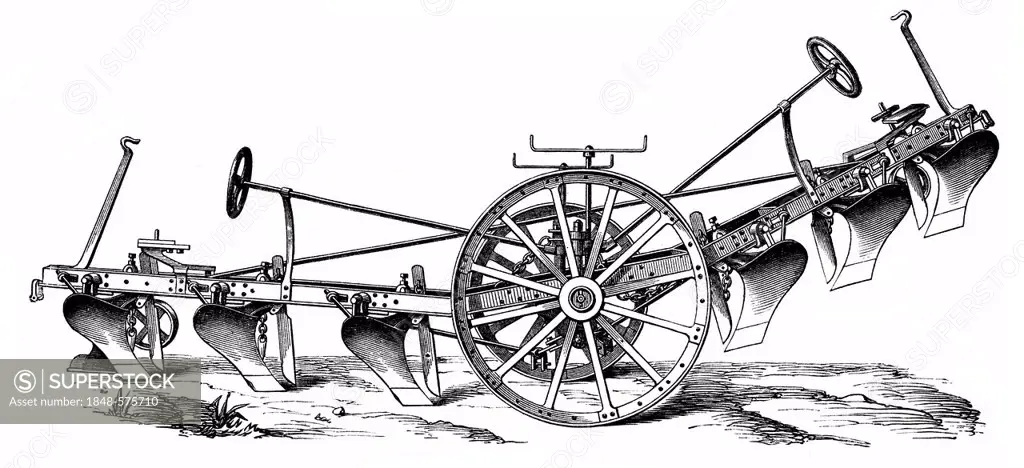 Historical graphic representation, cultivator or plough of an agricultural locomotive or tractor powered by a steam engine, dragged by a steam plough,...