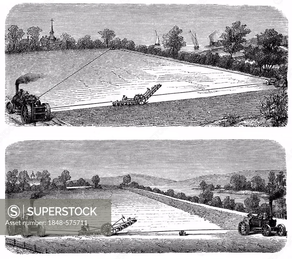 Historical graphic representation, one and two-machine steam plough systems at work, agricultural tractor or locomotive powered by a steam engine, 19t...