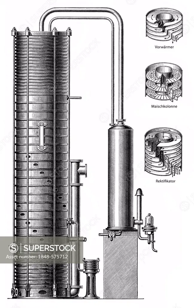 Historical graphic representation, apparatus for distillation by Siemens, 19th Century, from Meyers Konversations-Lexikon encyclopaedia, 1890