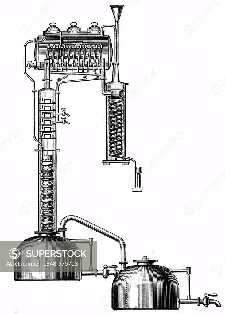 Historical graphic representation, apparatus for distillation by Cellier Blumenthal, 19th Century, from Meyers Konversations-Lexikon encyclopaedia, 18...