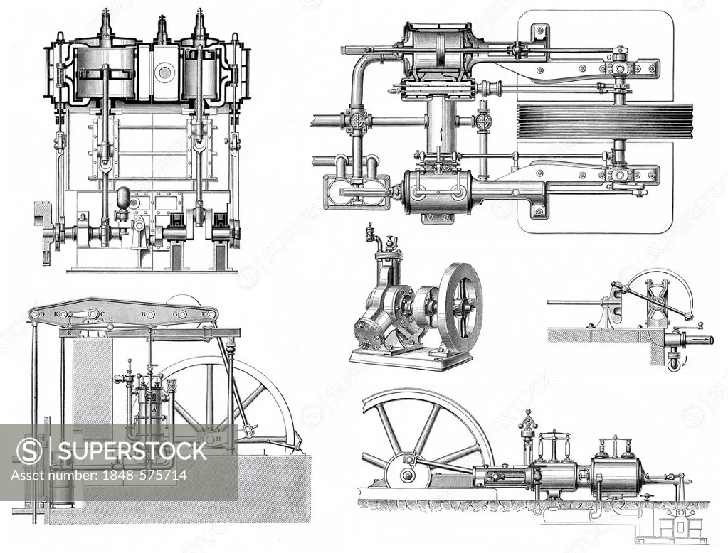 Historical graphic representation, technical drawing, various steam engines, piston heat engine, the thermal energy or pressure contained in steam is ...