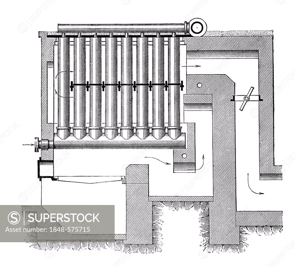 Historical graphic representation, technical drawing, steam boiler, boiler tube by Howard, Howard boiler, Howard safety boiler, 19th Century, from Mey...