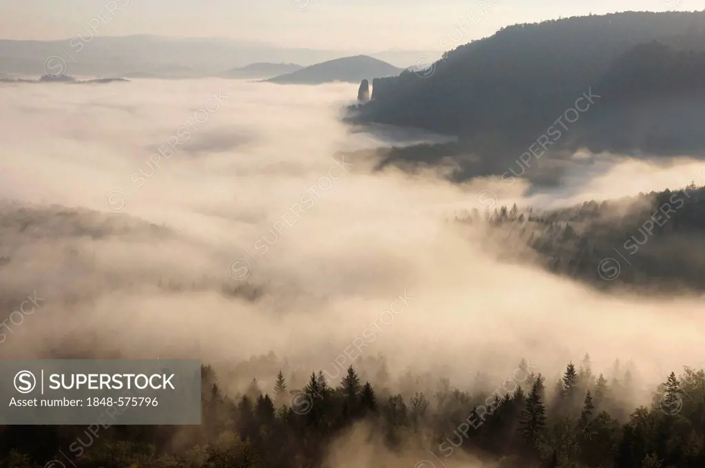 Fog over Nasser Grund valley, Elbe Sandstone Mountains, Saxony, Germany, Europe