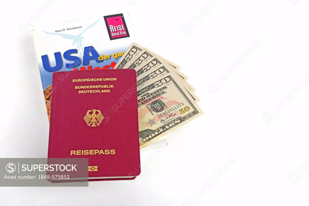 Travel guide to the USA, America, passport of the Federal Republic of Germany, several 50-dollar bills, symbolic image for travel planning