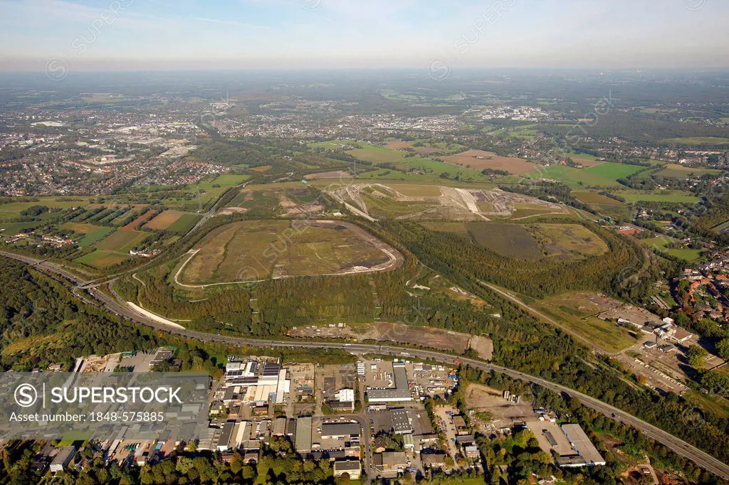 Aerial view, Walsum slag heaps, city boardering Dinslaken, Duisburg, Ruhr Area, North Rhine-Westphalia, Germany, Europe