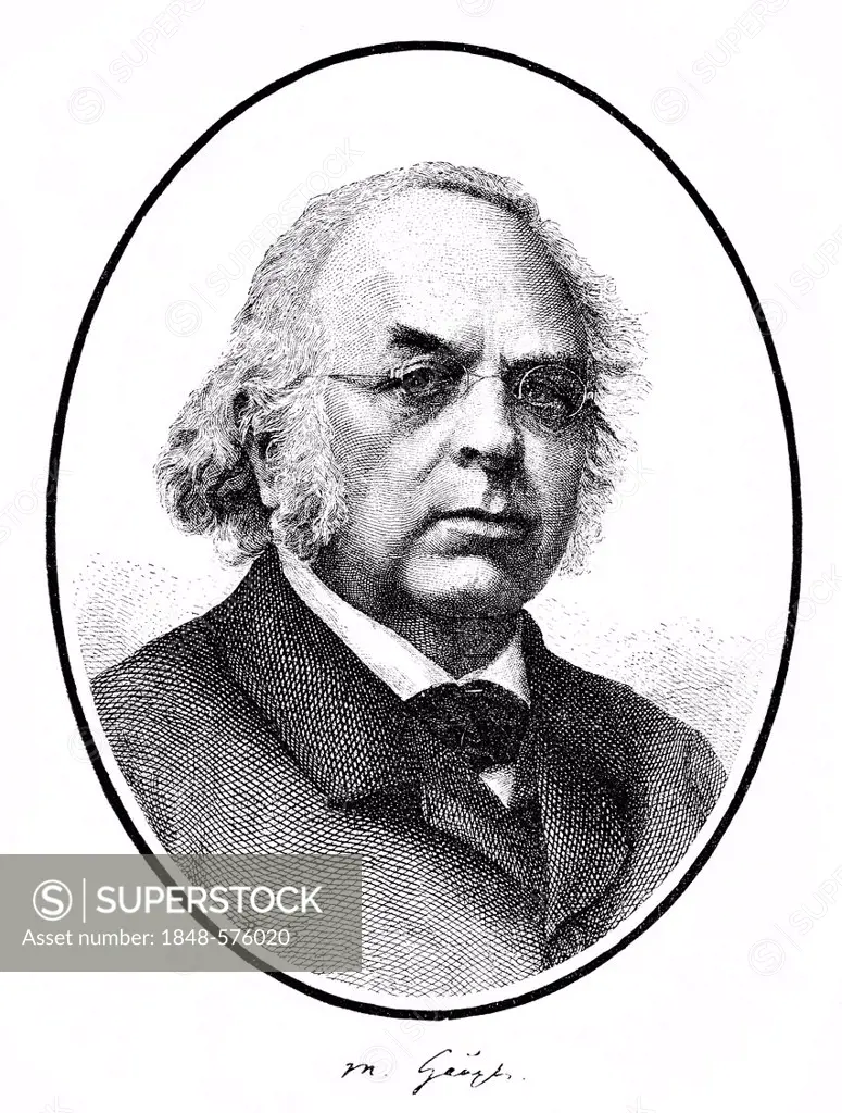Historical engraving, portrait with autograph of Rudolph Friedrich Moriz Haupt, 1808-1874, German classical scholar and specialist in German studies, ...