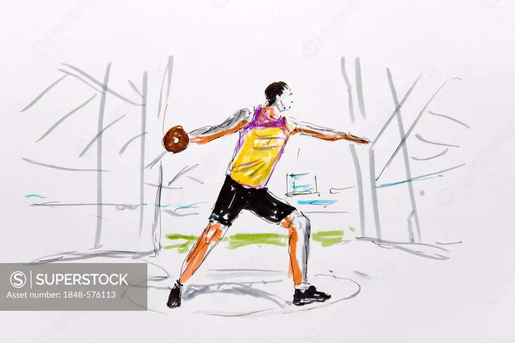 Discus thrower, coloured drawing, by artist Gerhard Kraus, Kriftel, Germany