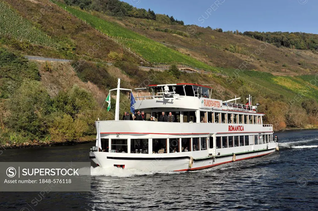 Romantica pleasure boat, built in 1977, commissioning in 1992, traveling between Bernkastel-Kues and Traben-Trarbach, Moselle River, Rhineland-Palatin...