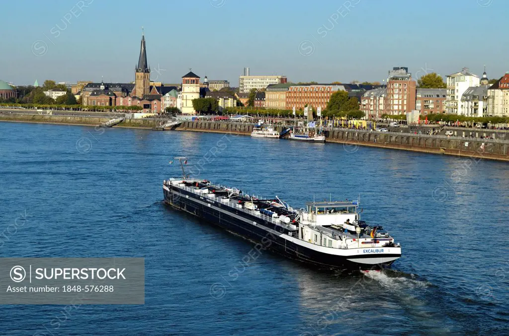 Shipping on the Rhine, cargo ship, historic town at back, Duesseldorf, Rhineland, North Rhine-Westphalia, Germany, Europe