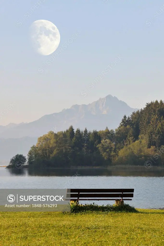 Bench on the shore of Lake Forggensee, morning mood with the Moon, Allgaeu, Bavaria, Germany, Europe, composing