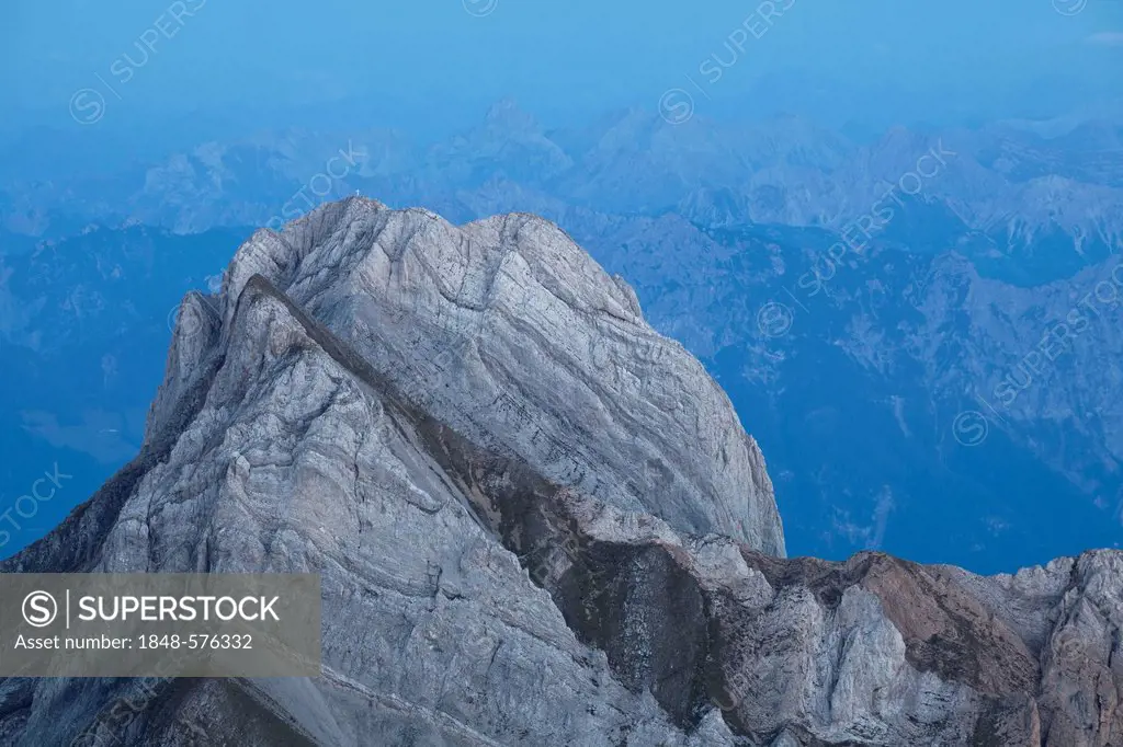 Magic hour in the mountains, view from Mt Saentis of Mt Altmann, Alpstein range, Switzerland, Europe