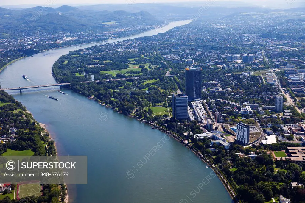 Aerial view, Konrad-Adenauer Bridge, facing south, upstream, Bonn, Rhine River, Siebengebirge Mountain Range, Rhineland, North Rhine-Westphalia, Germa...
