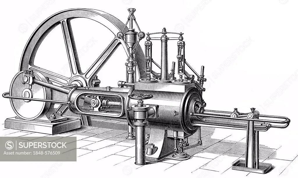 Historical graphic representation, technical drawing, steam engine, piston heat engine, the contained thermal energy or pressure in steam is transform...